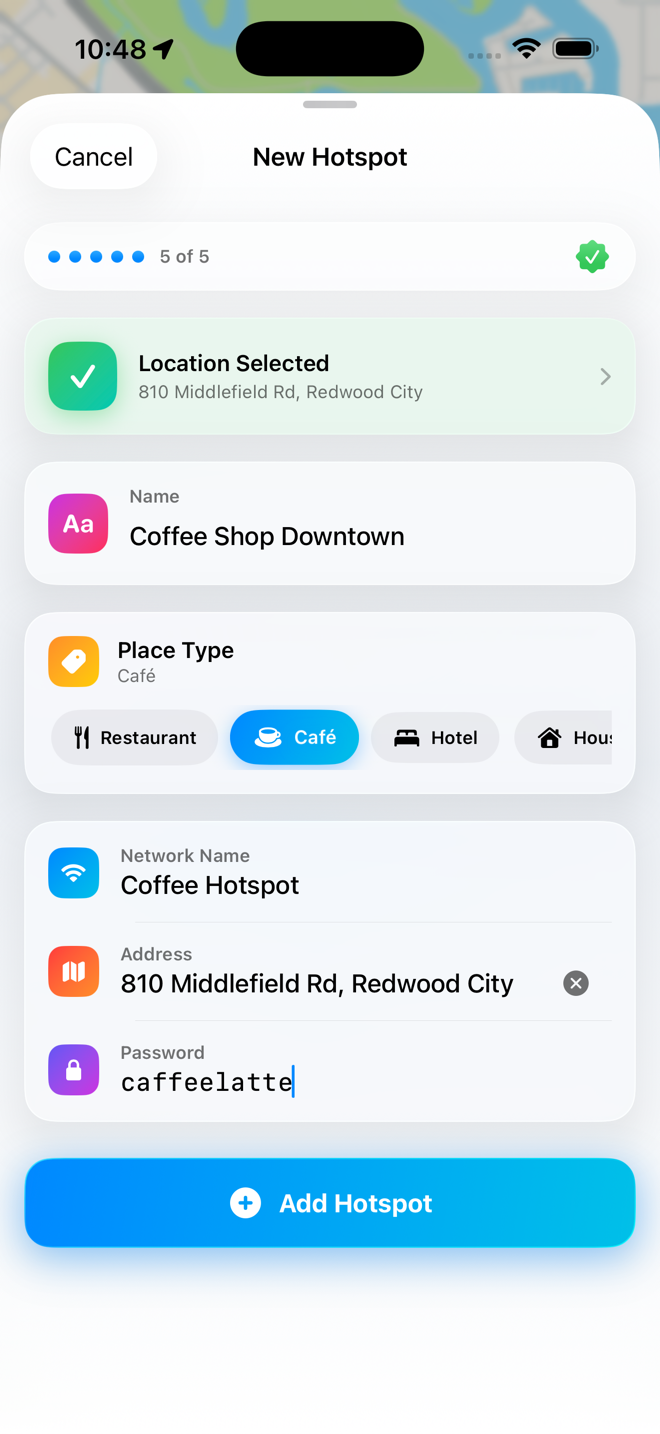 Quick details, big impact — Name the place, save the password, that's it. The community handles the rest.
