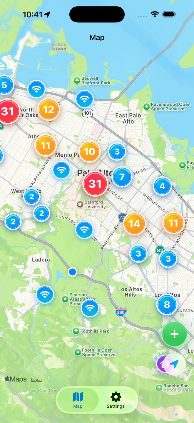 WifiPass map showing free WiFi hotspots as glowing pins around the user's location.