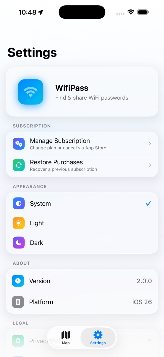 Privacy controls in plain sight — Change your ad preferences, switch themes, restore Pro — all in one tidy place.
